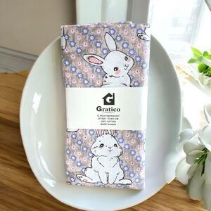 Easter Bunny Fabric Table Napkin Set of 12 Rabbits Flowers 20x20 Cotton Decor